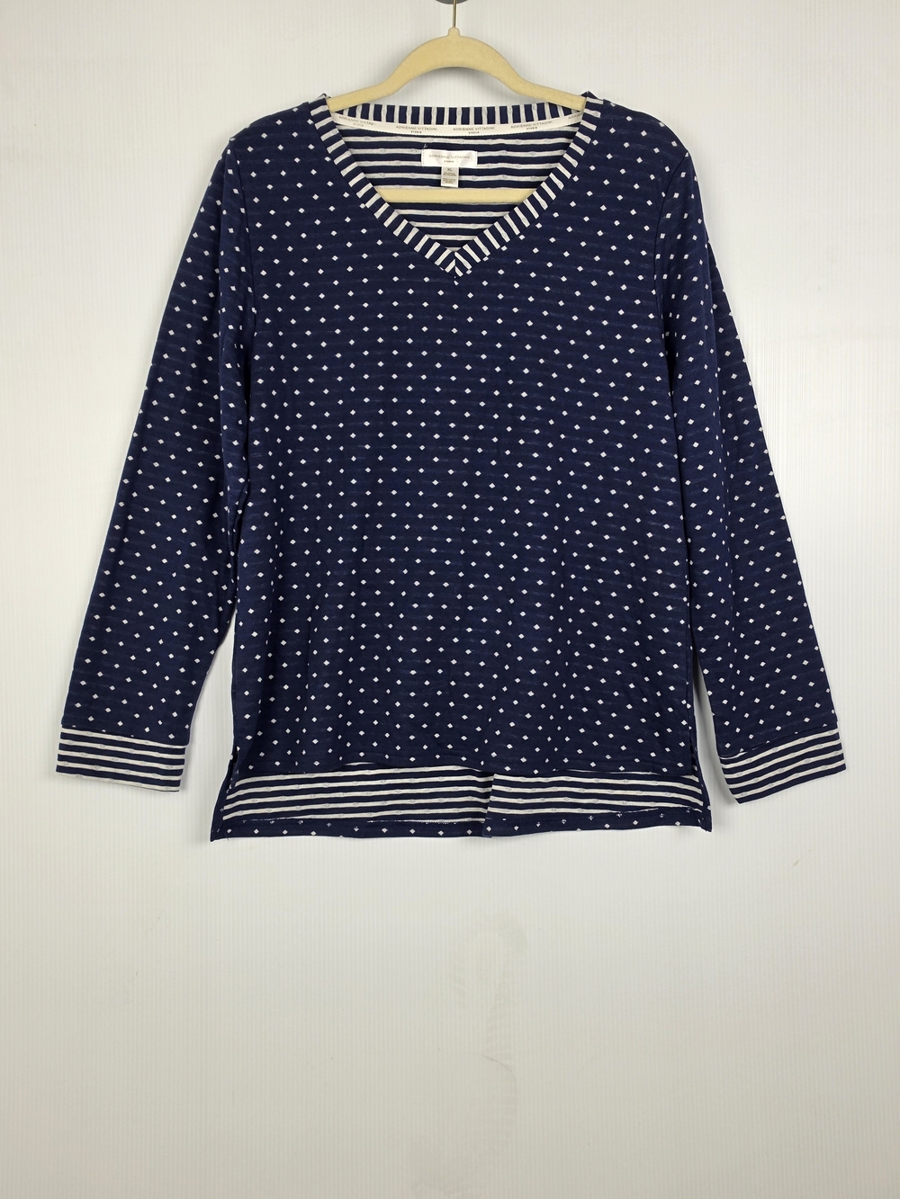 Adrienne Vittadini Navy and White Polka Dot V-Neck Long Sleeve Top